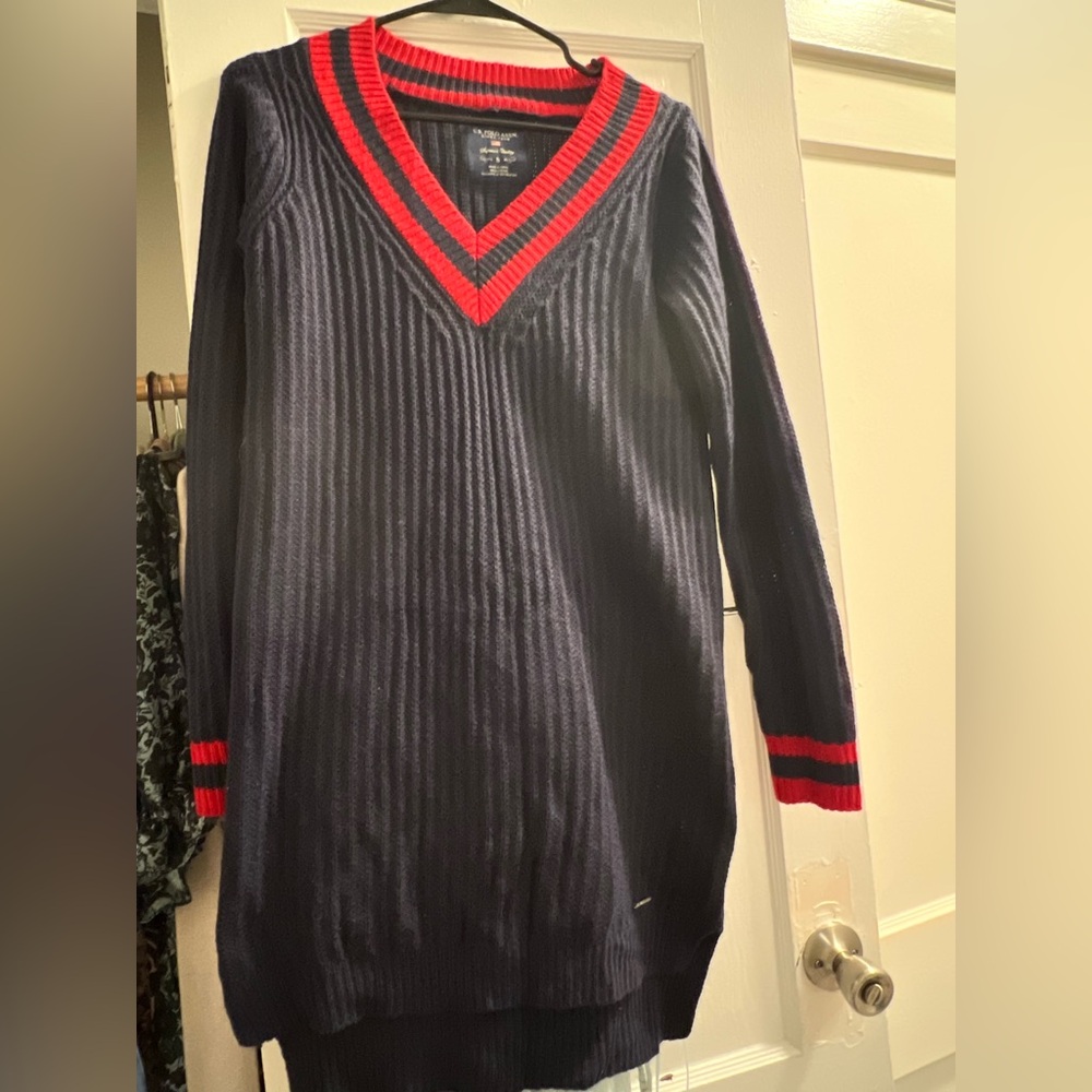 Navy and Red V-Neck Men's Sweater